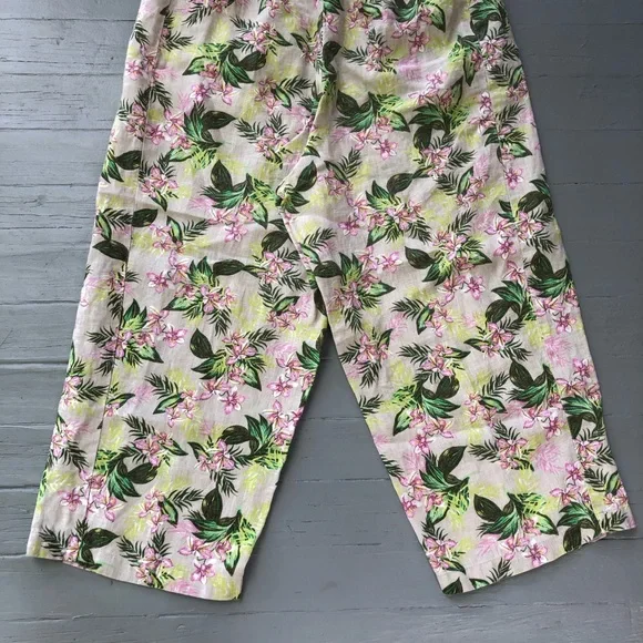 J Jill 100% Linen Pants Size L Flax Orchid Floral Tan Green Wide Leg Crop - Picture 10 of 12